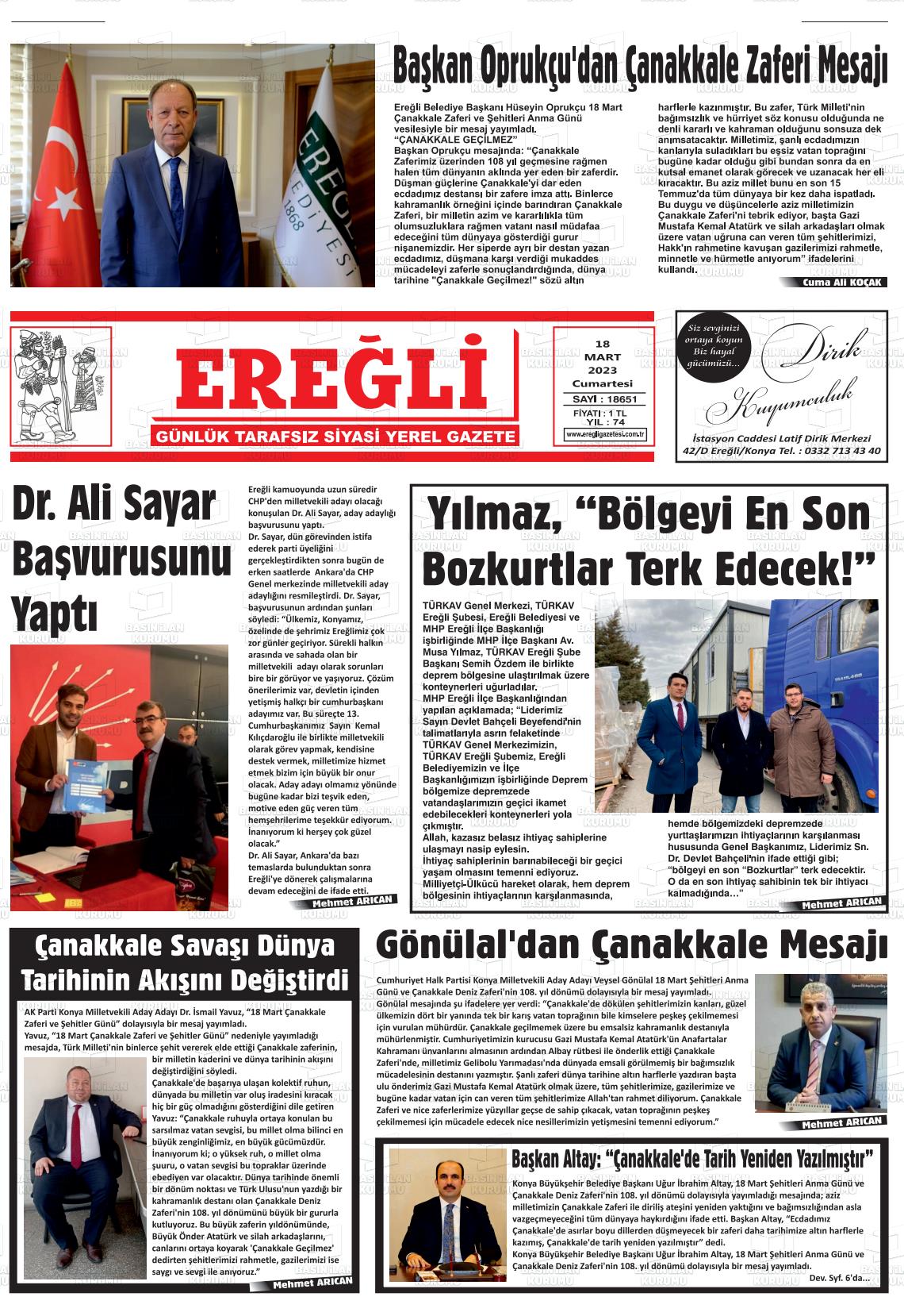 18 Mart 2023 Ereğli Gazete Manşeti