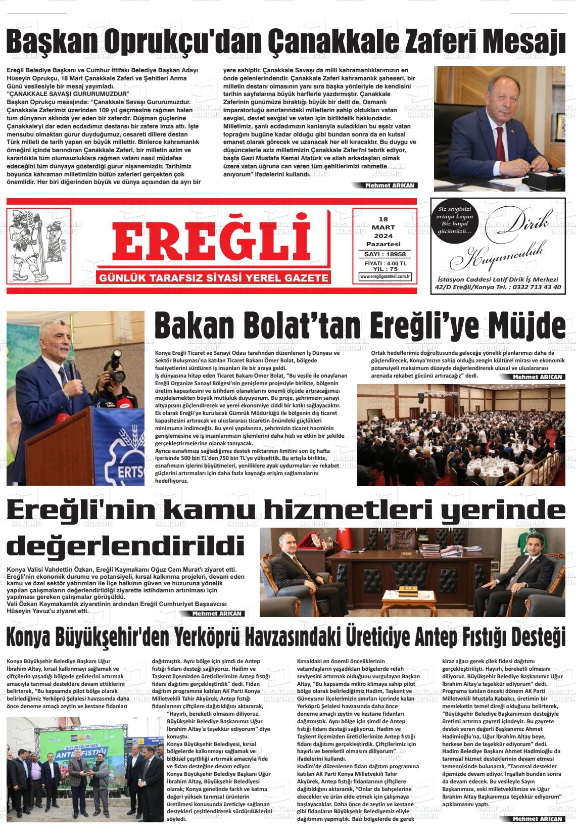 18 Mart 2024 Ereğli Gazete Manşeti