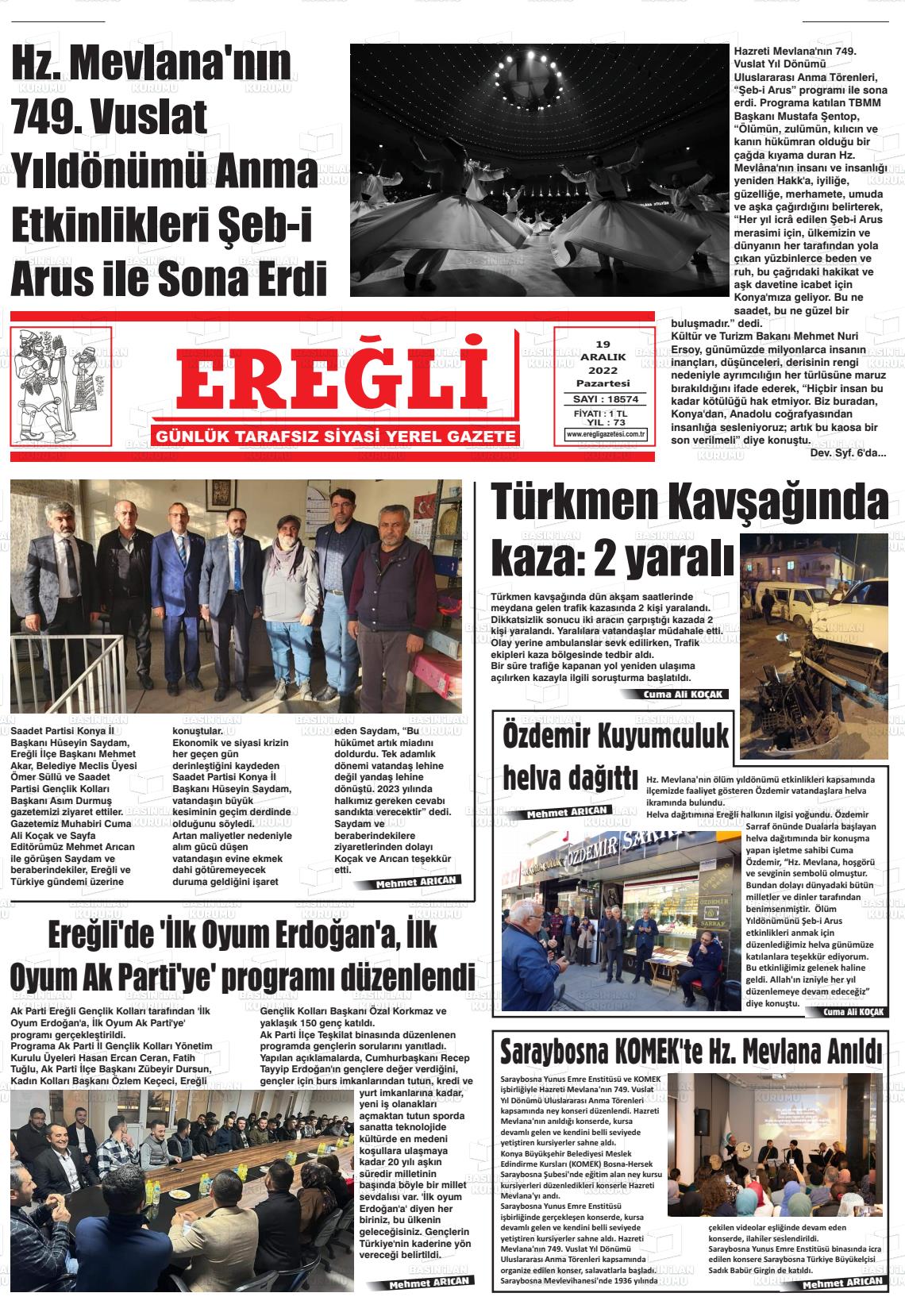 19 Aralık 2022 Ereğli Gazete Manşeti