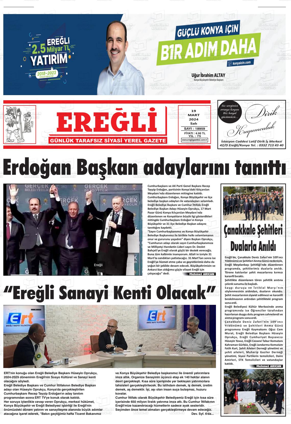 19 Mart 2024 Ereğli Gazete Manşeti