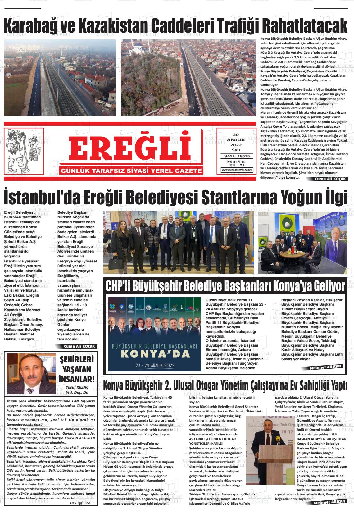 20 Aralık 2022 Ereğli Gazete Manşeti