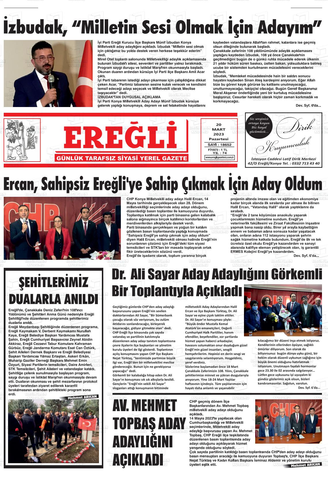 20 Mart 2023 Ereğli Gazete Manşeti