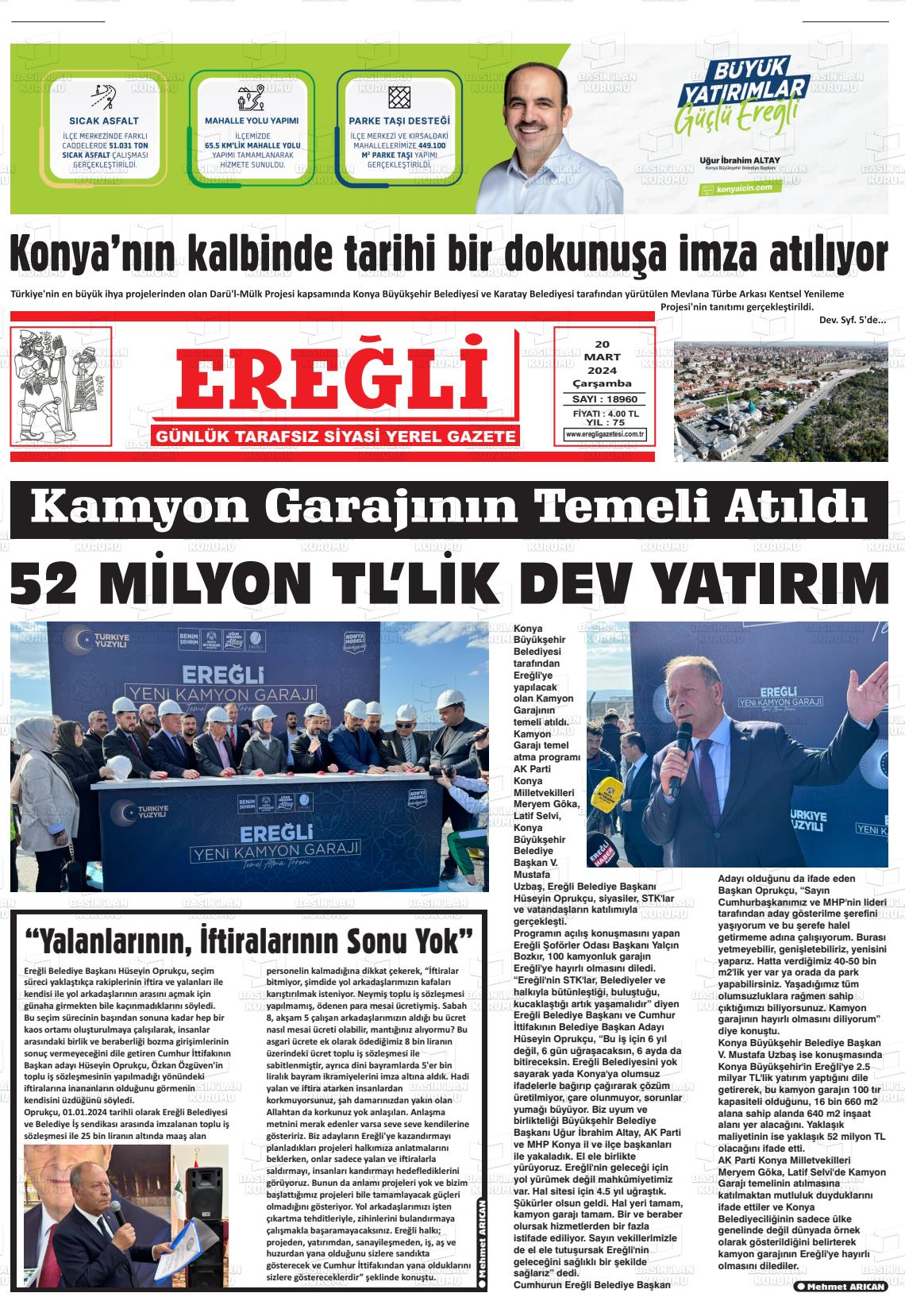 20 Mart 2024 Ereğli Gazete Manşeti