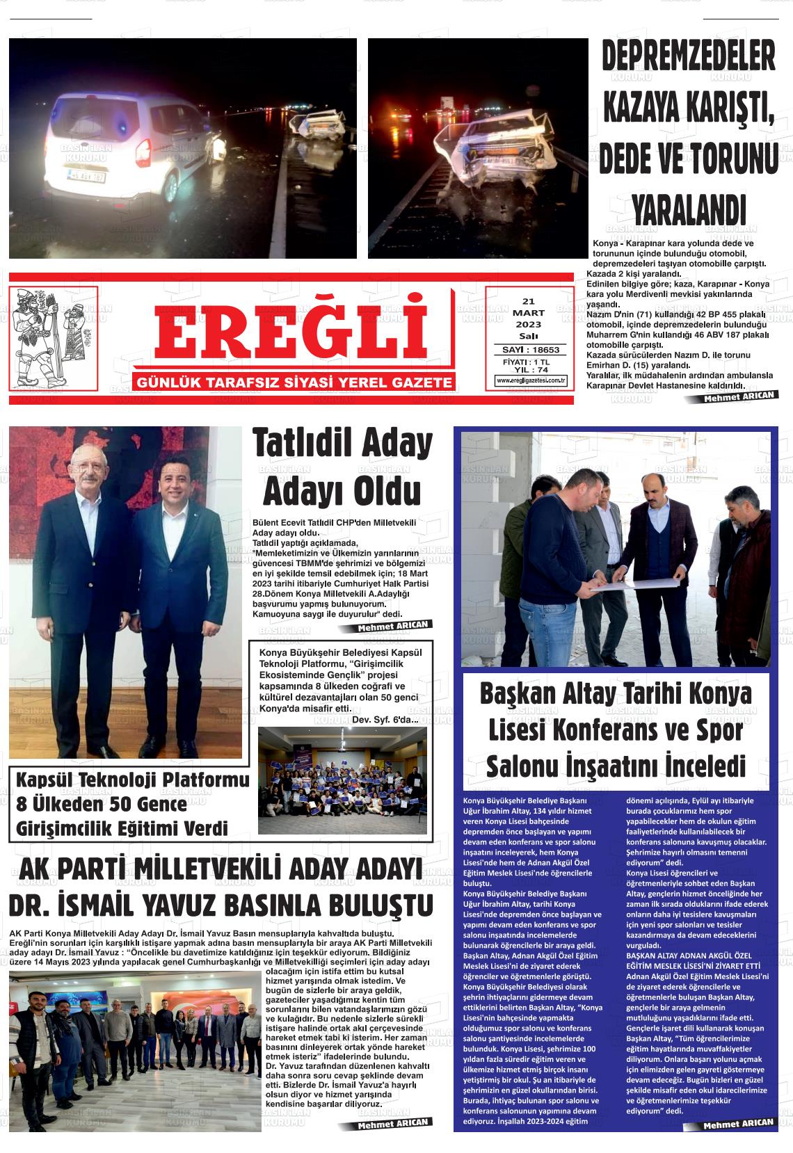 21 Mart 2023 Ereğli Gazete Manşeti