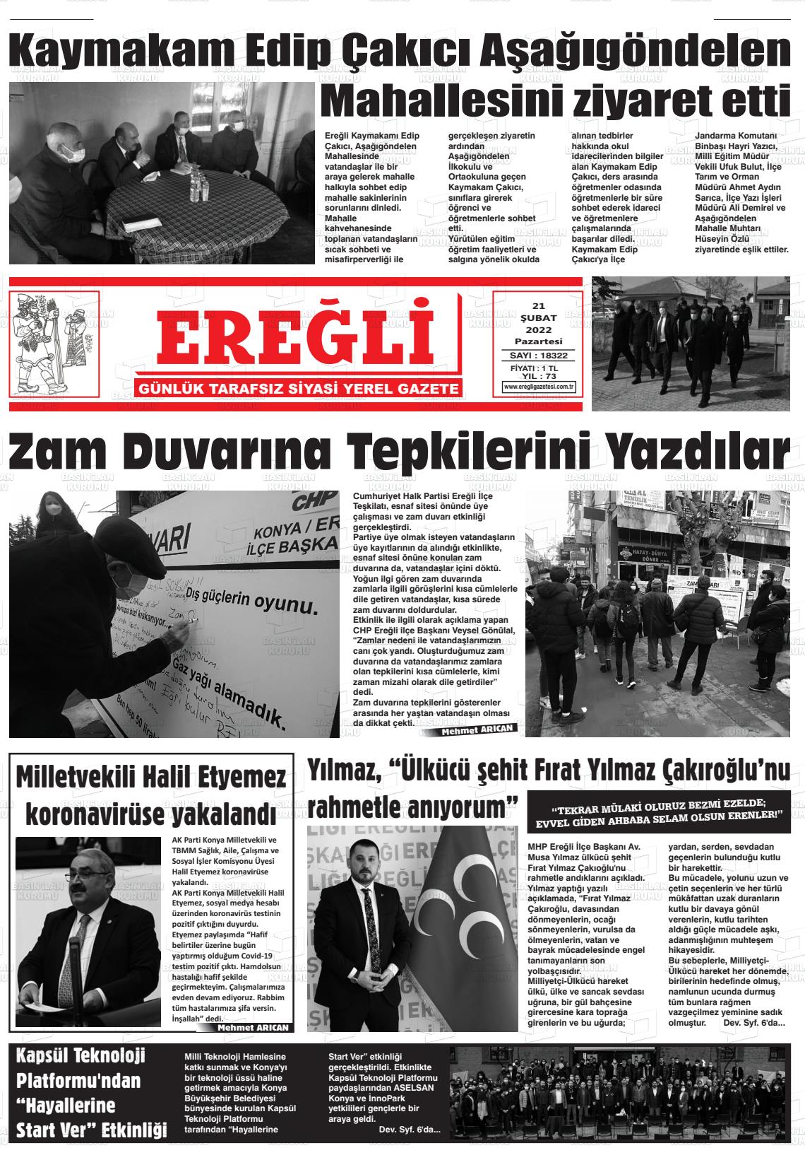 21 Şubat 2022 Ereğli Gazete Manşeti