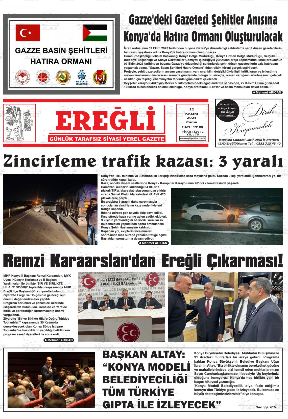 22 Kasım 2024 Ereğli Gazete Manşeti