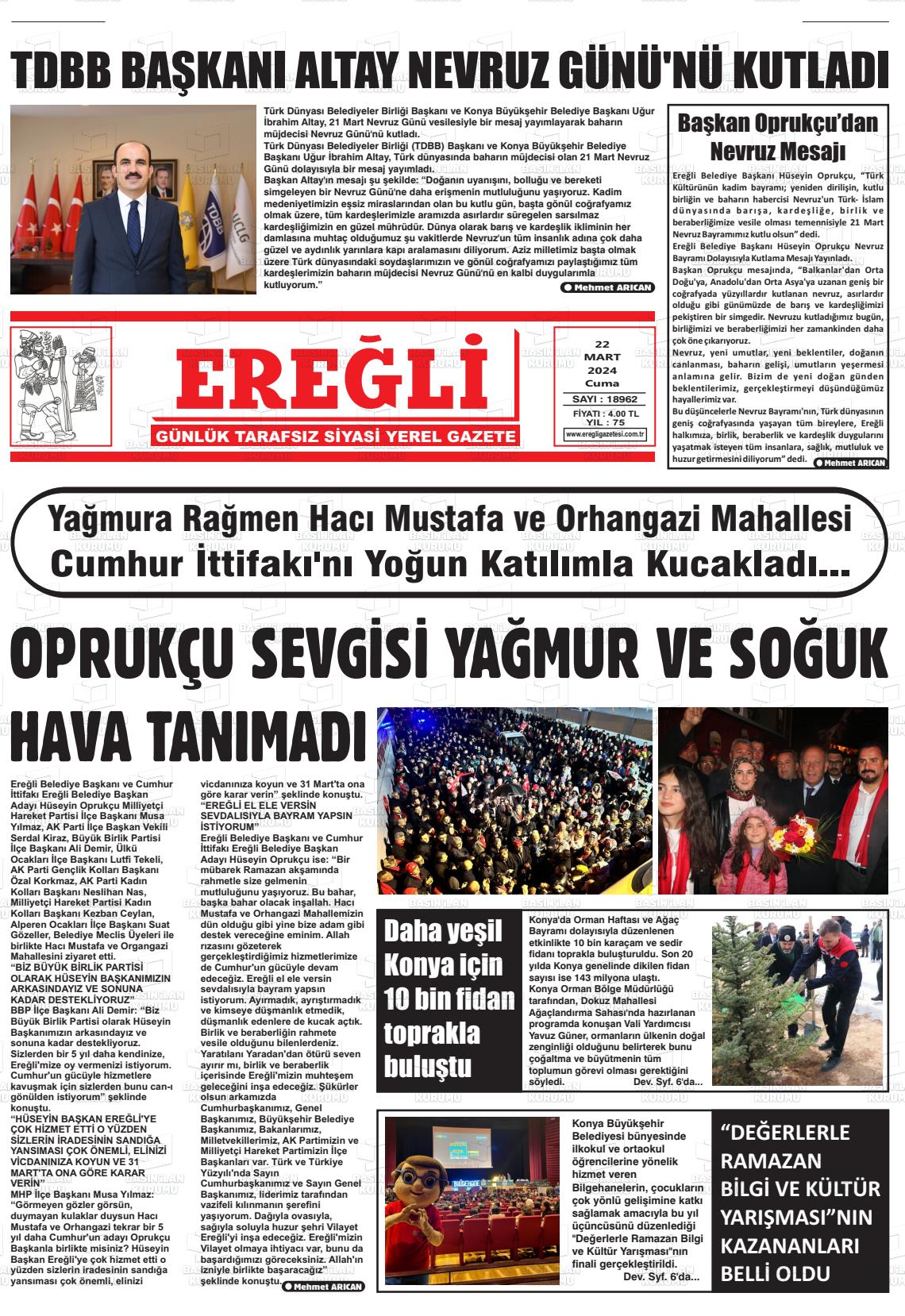 22 Mart 2024 Ereğli Gazete Manşeti