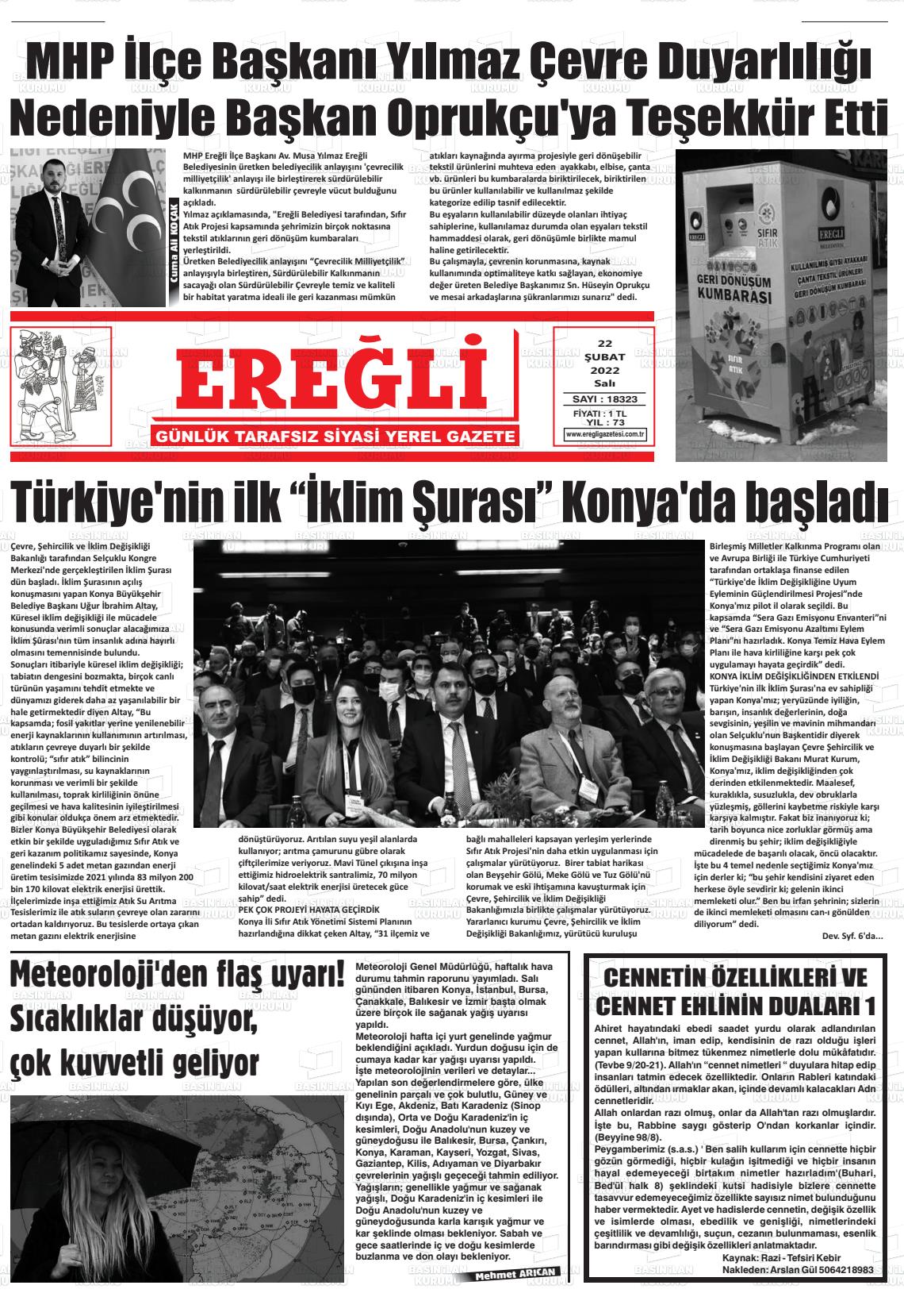 22 Şubat 2022 Ereğli Gazete Manşeti