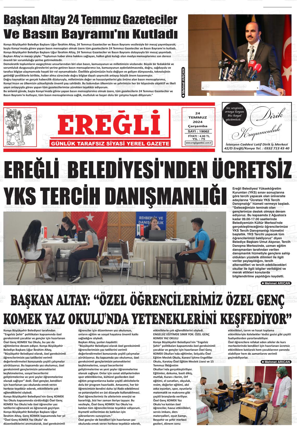 24 Temmuz 2024 Ereğli Gazete Manşeti