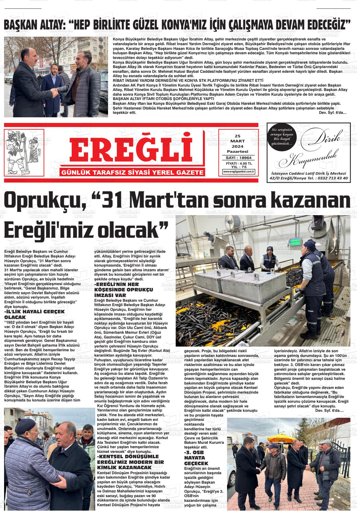 25 Mart 2024 Ereğli Gazete Manşeti