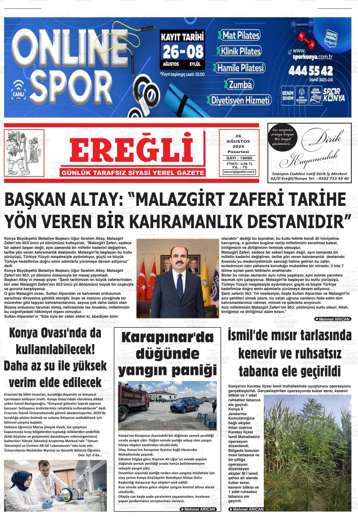 26 Ağustos 2024 Ereğli Gazete Manşeti