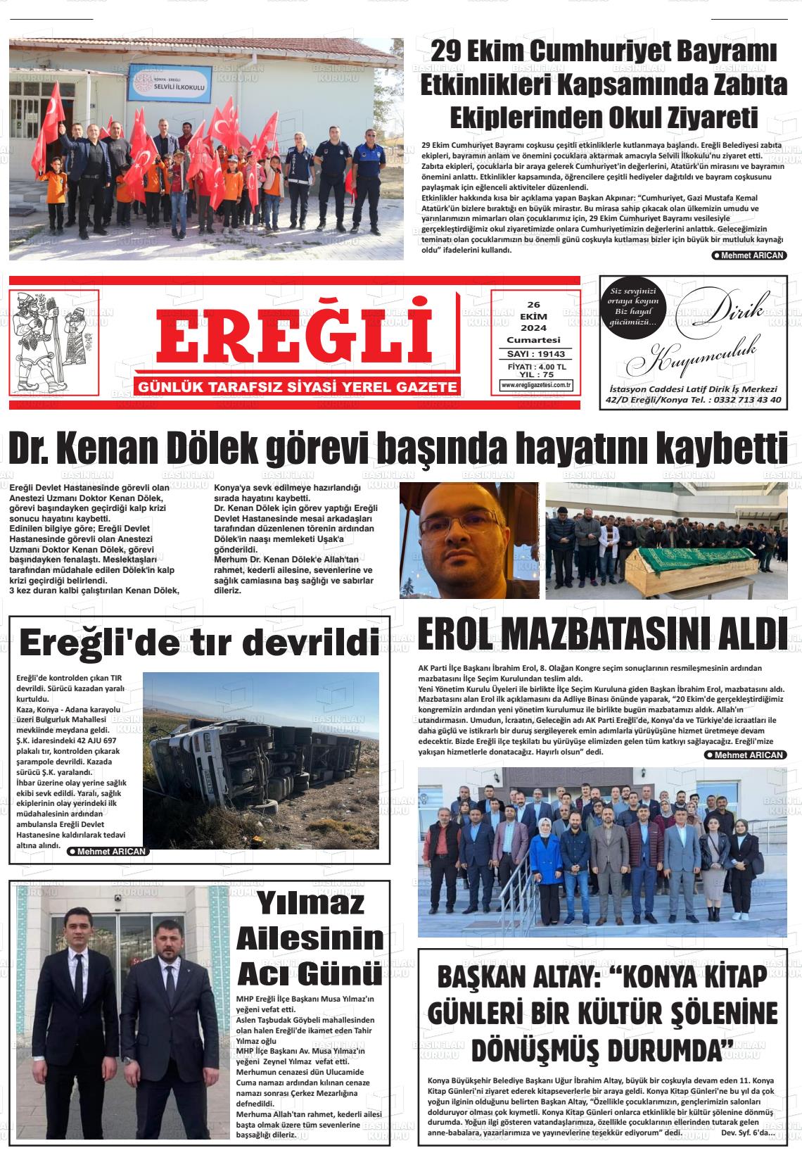 26 Ekim 2024 Ereğli Gazete Manşeti