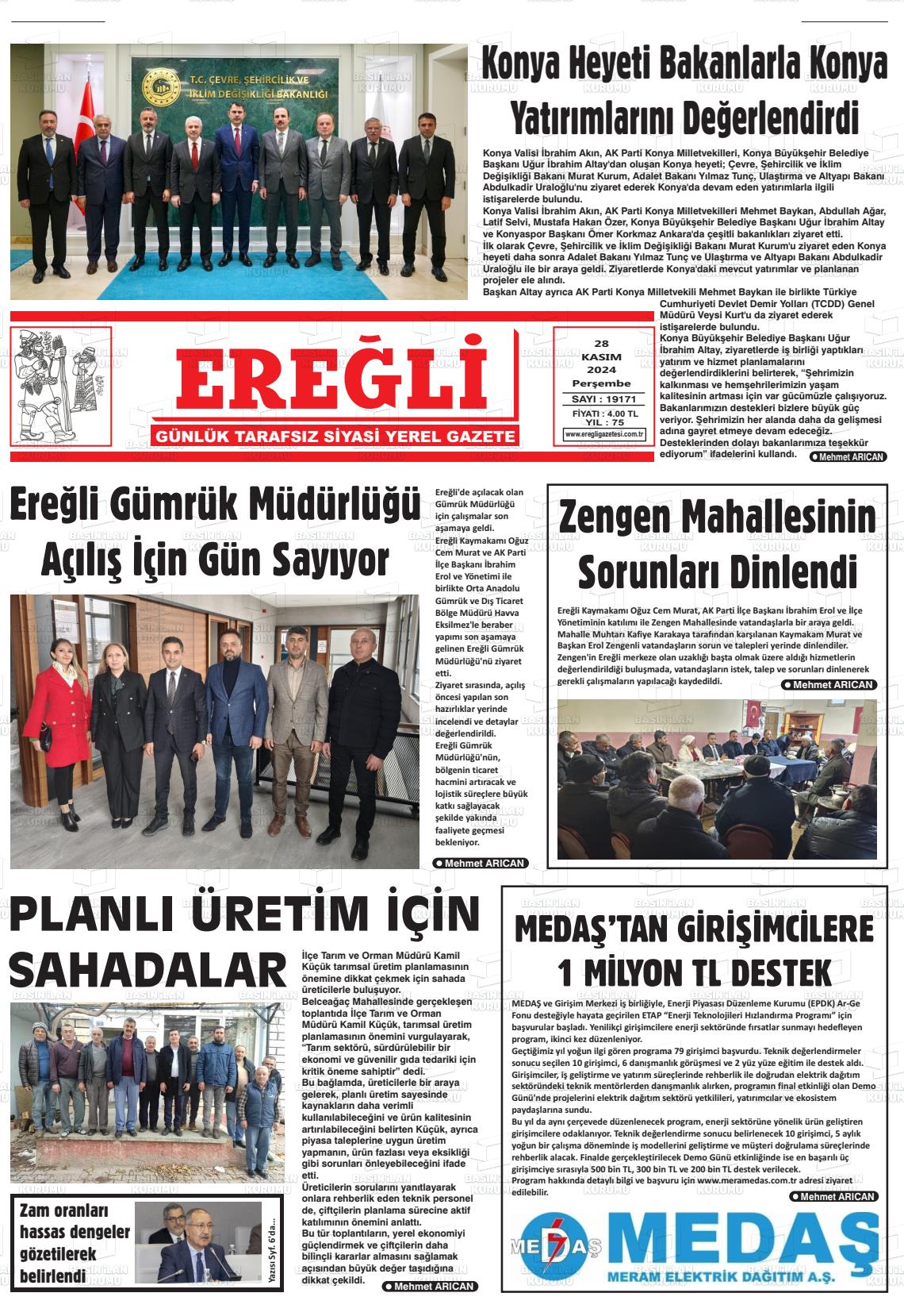 02 Aralık 2024 Ereğli Gazete Manşeti