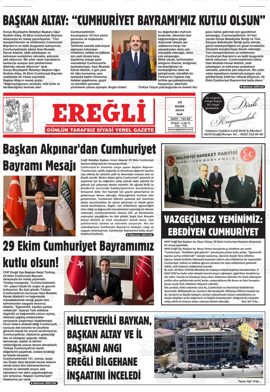 29 Ekim 2024 Ereğli Gazete Manşeti