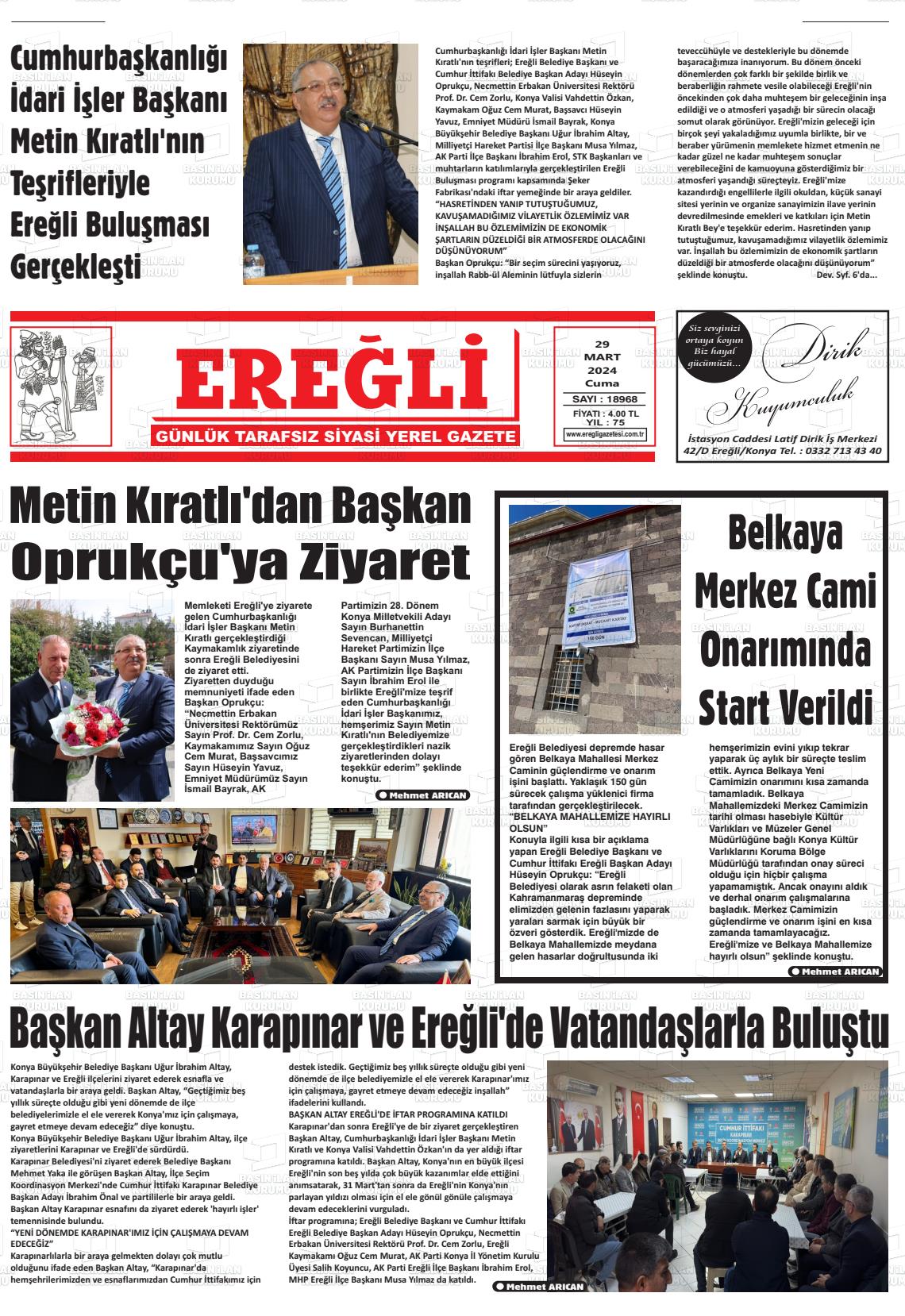 29 Mart 2024 Ereğli Gazete Manşeti