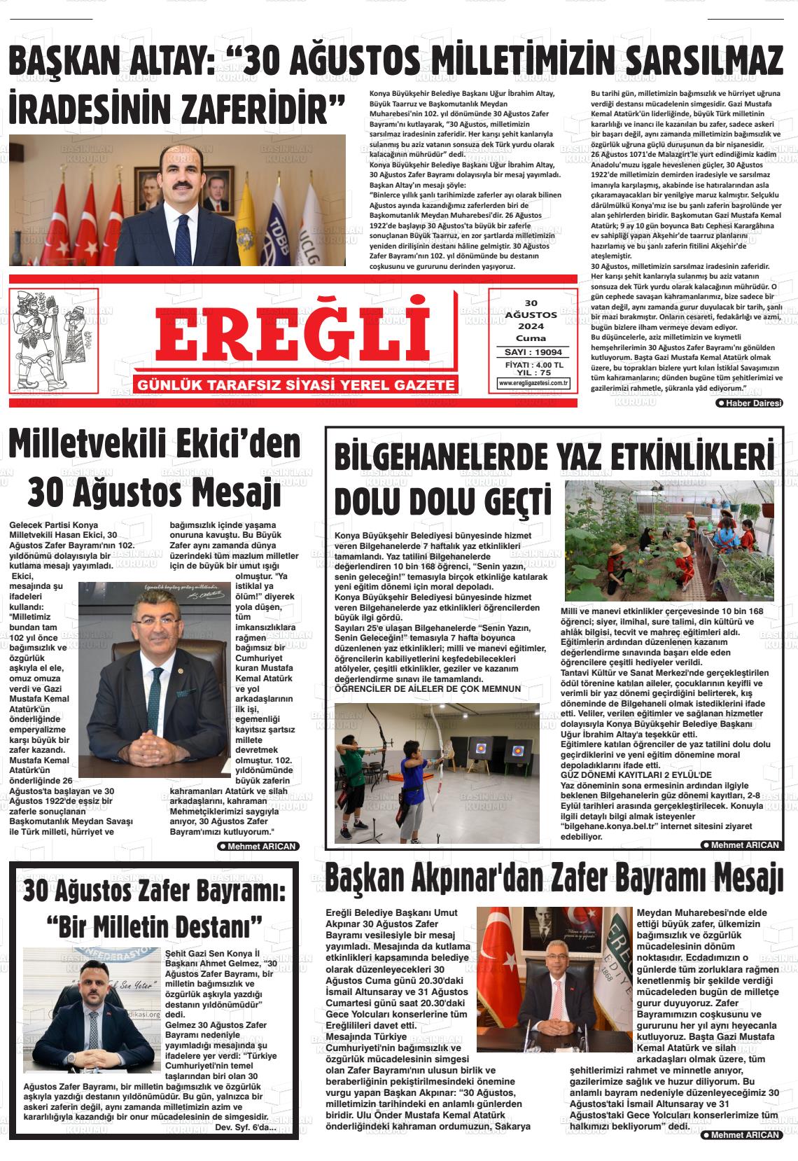 30 Ağustos 2024 Ereğli Gazete Manşeti