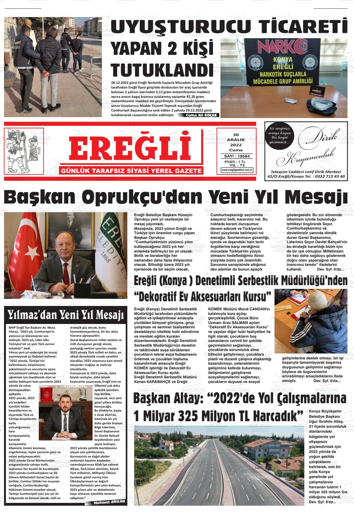 30 Aralık 2022 Ereğli Gazete Manşeti