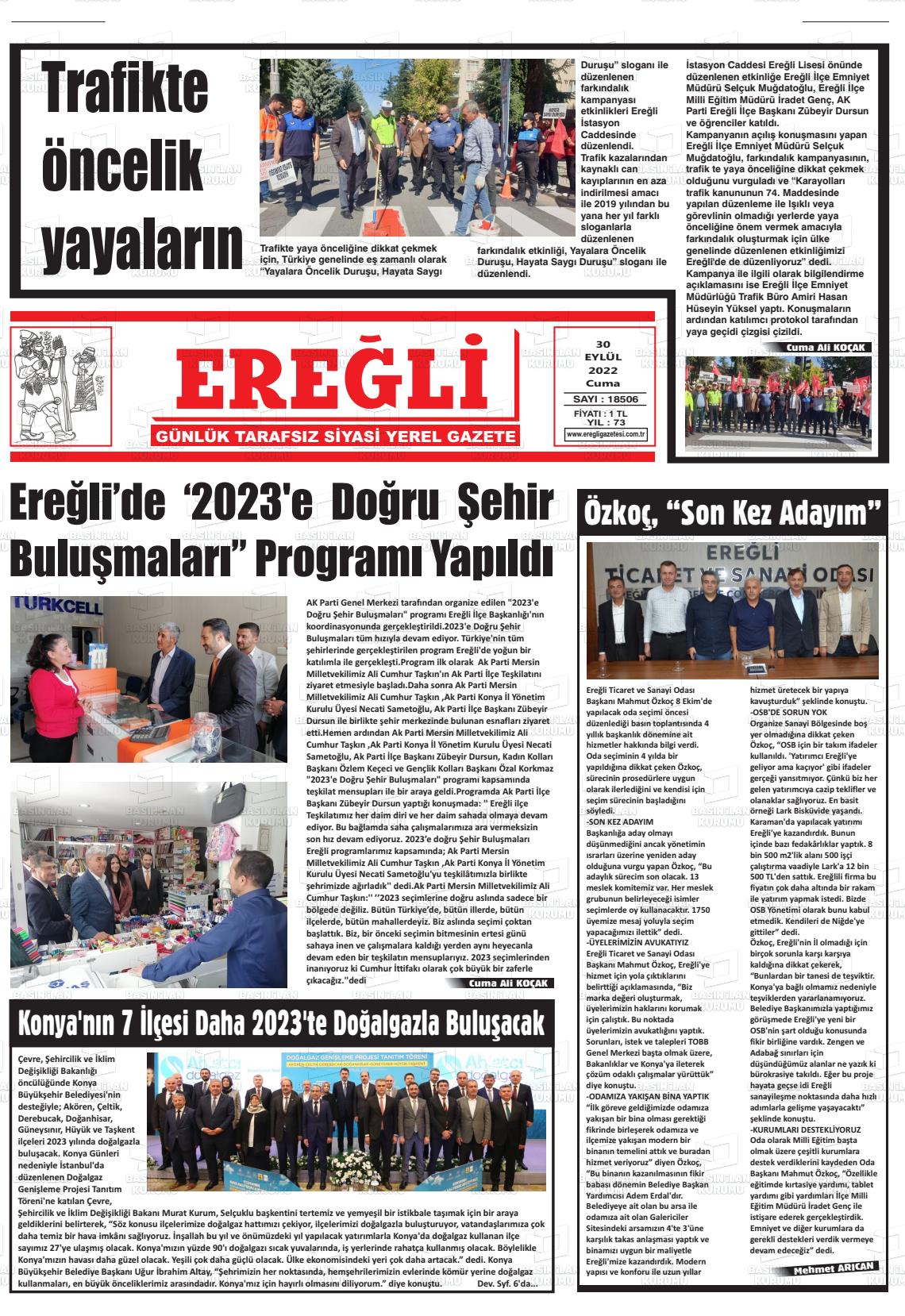 30 Eylül 2022 Ereğli Gazete Manşeti