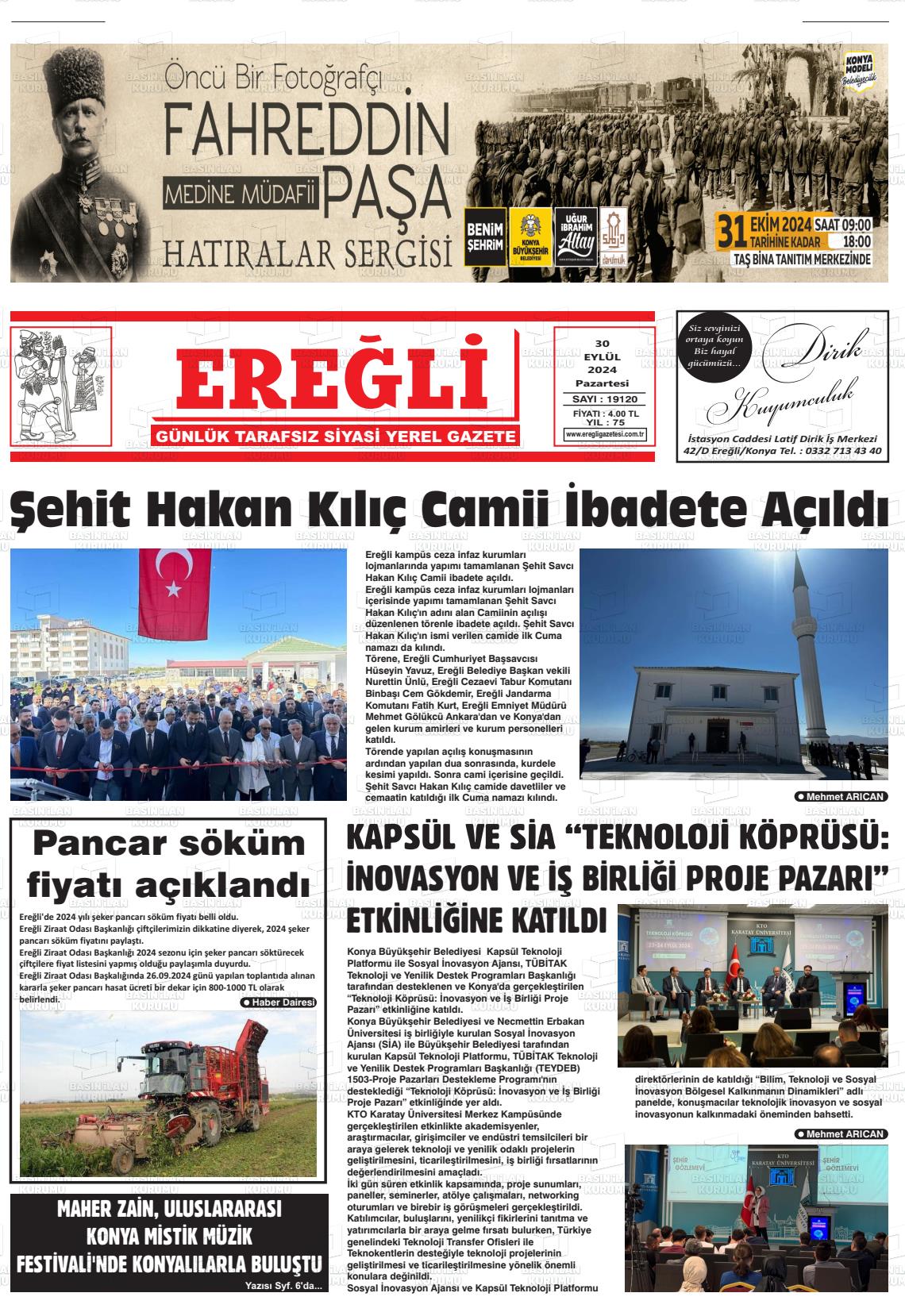 30 Eylül 2024 Ereğli Gazete Manşeti