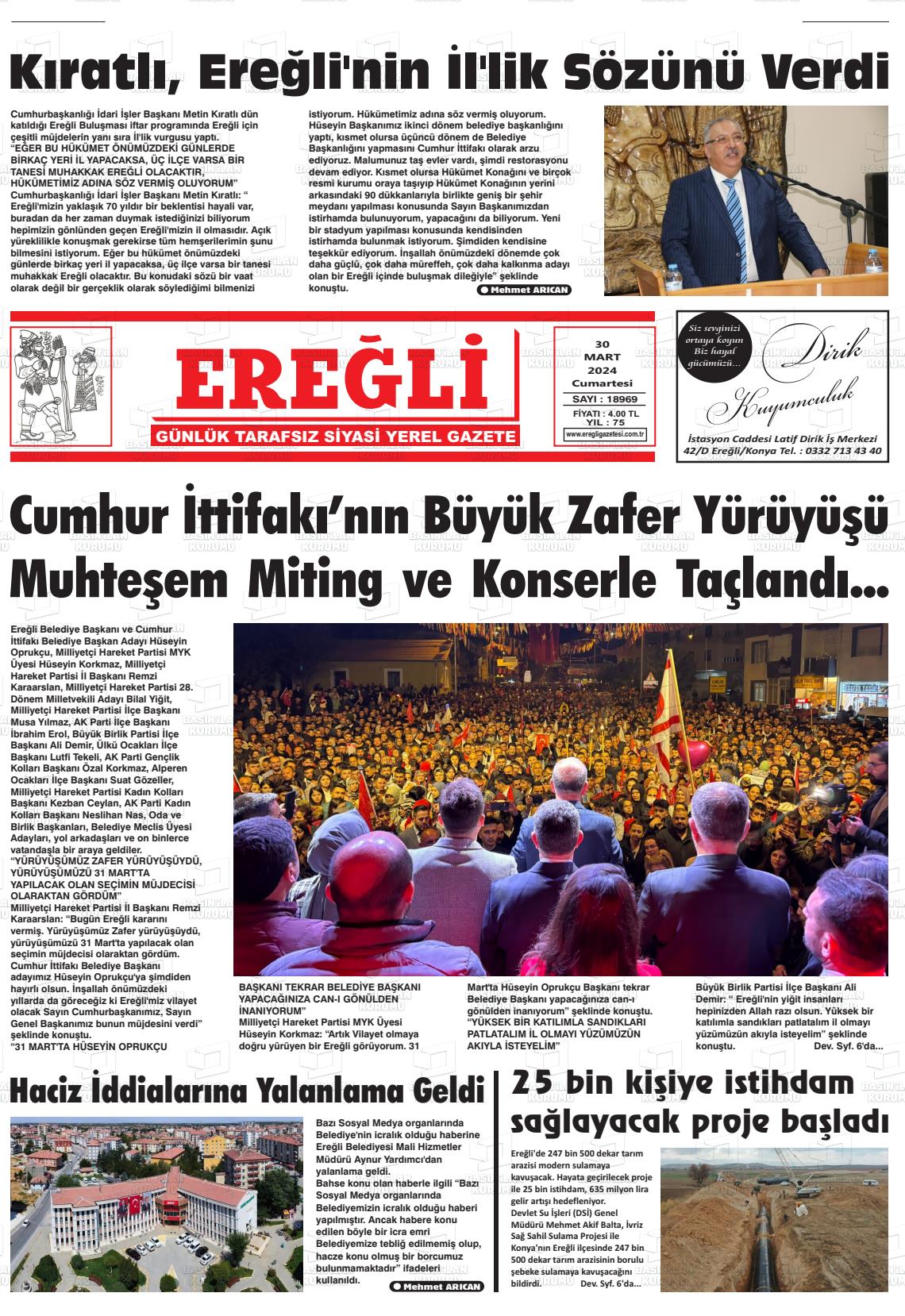 30 Mart 2024 Ereğli Gazete Manşeti