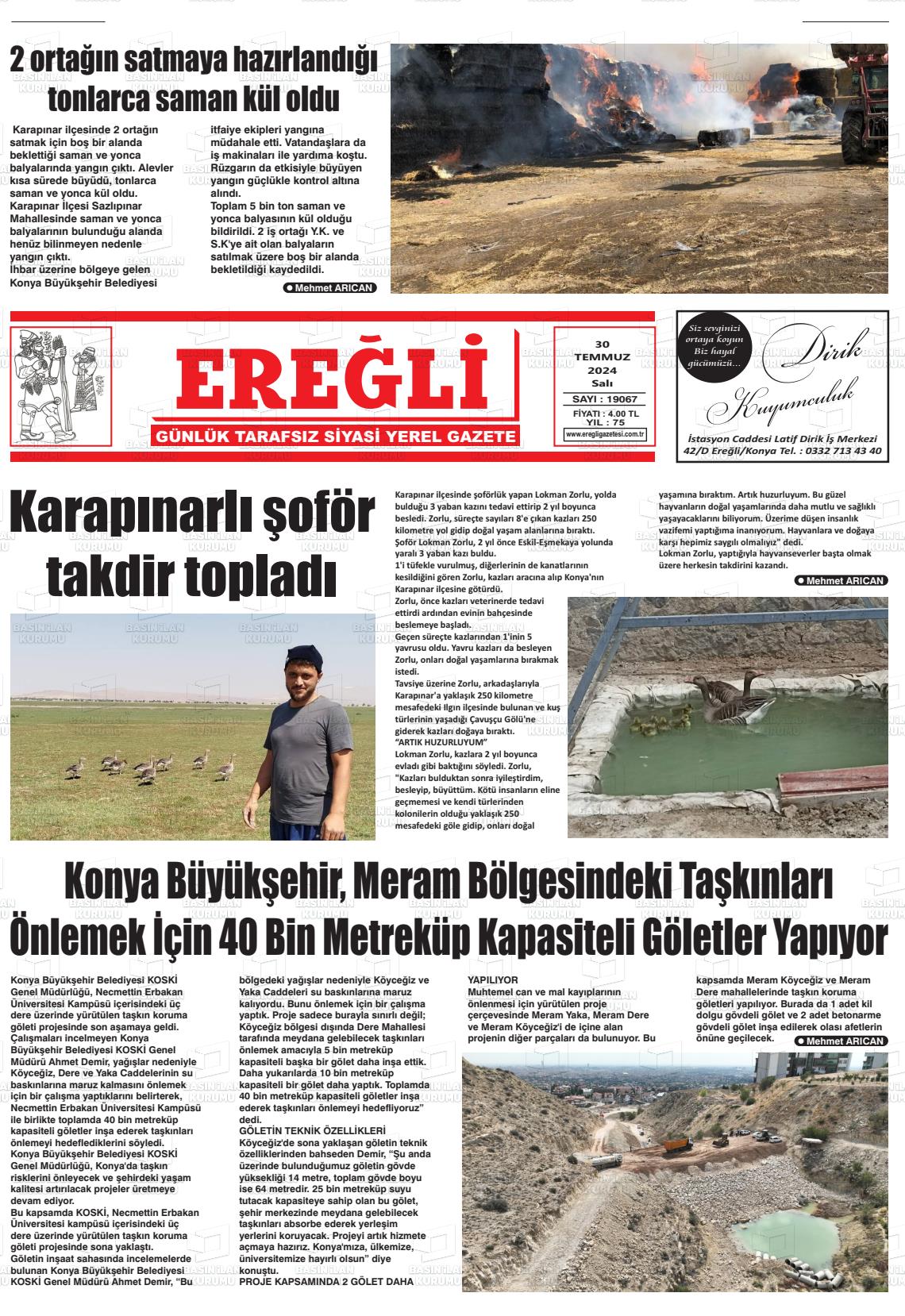 30 Temmuz 2024 Ereğli Gazete Manşeti