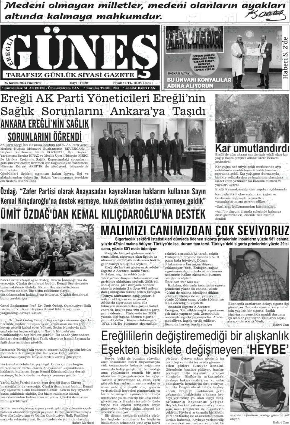 25 Kasım 2024 Ereğli Güneş Gazete Manşeti