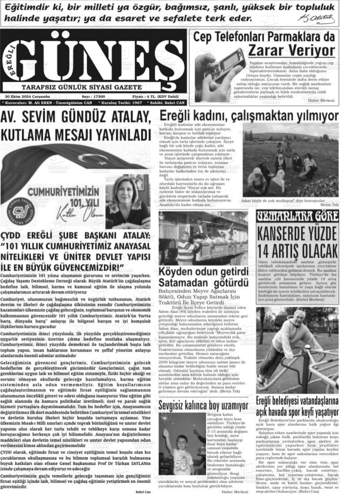 30 Ekim 2024 Ereğli Güneş Gazete Manşeti