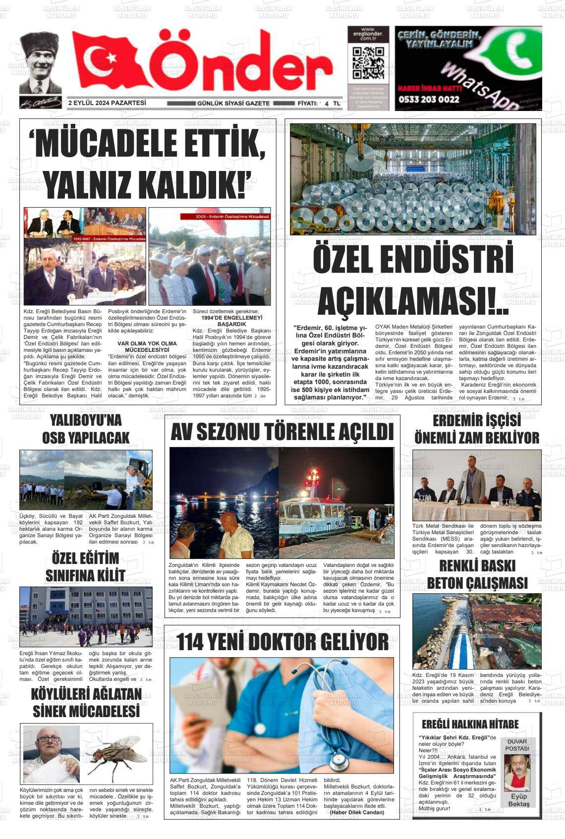 02 Eylül 2024 Zonguldak Önder Gazete Manşeti