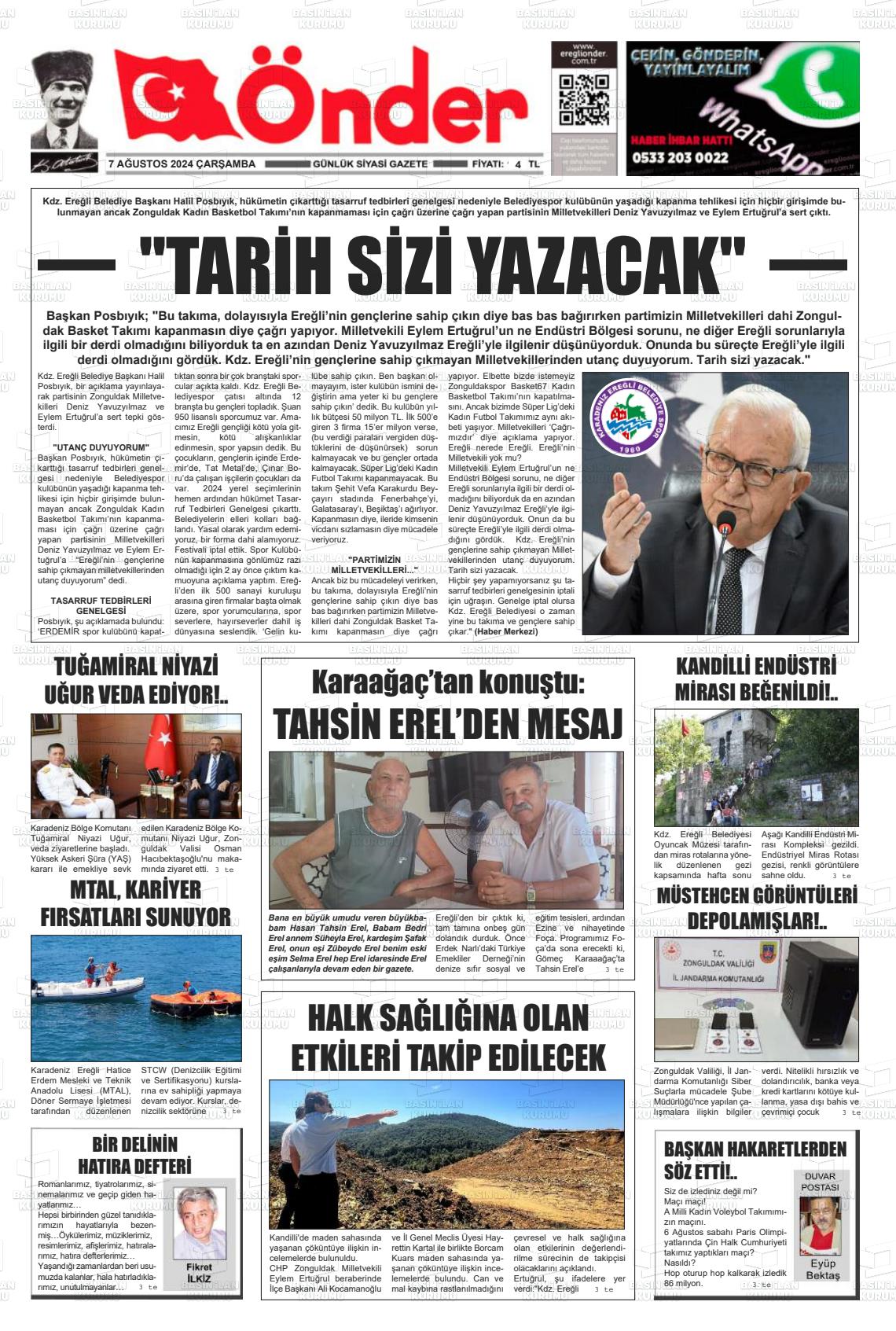 07 Ağustos 2024 Zonguldak Önder Gazete Manşeti