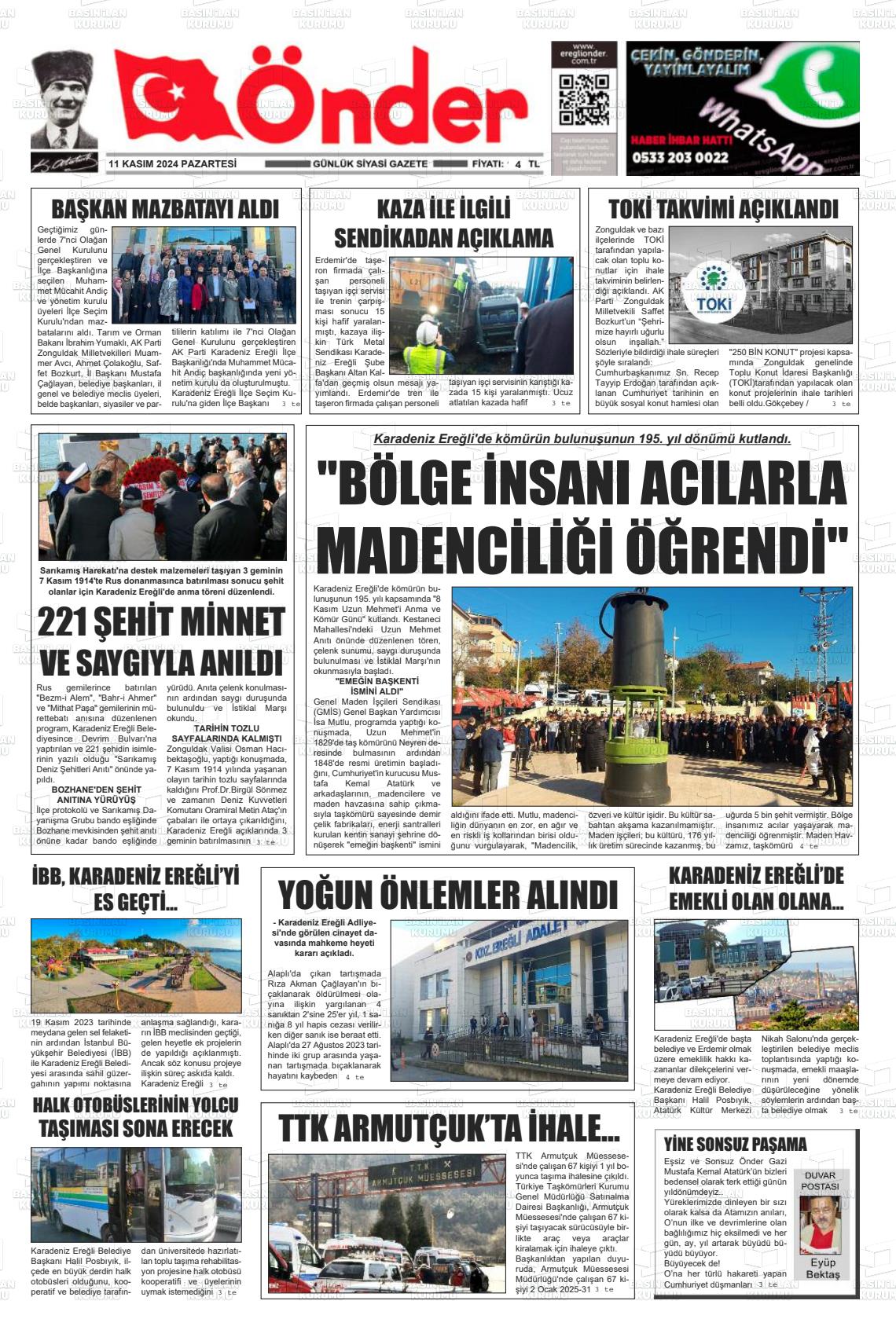 11 Kasım 2024 Zonguldak Önder Gazete Manşeti