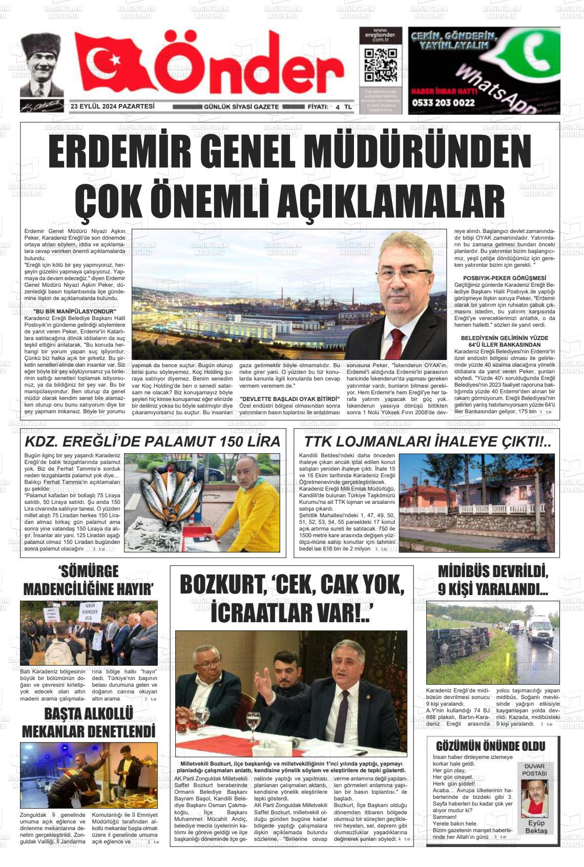 23 Eylül 2024 Zonguldak Önder Gazete Manşeti