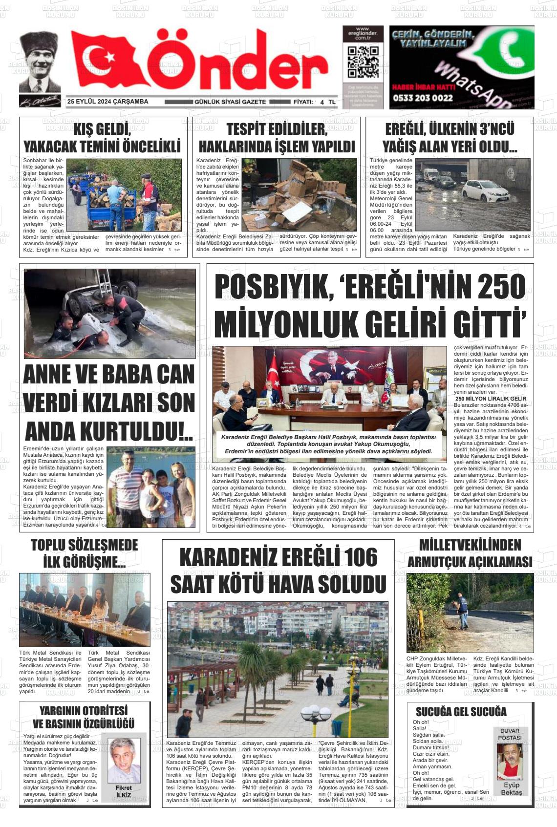 25 Eylül 2024 Zonguldak Önder Gazete Manşeti