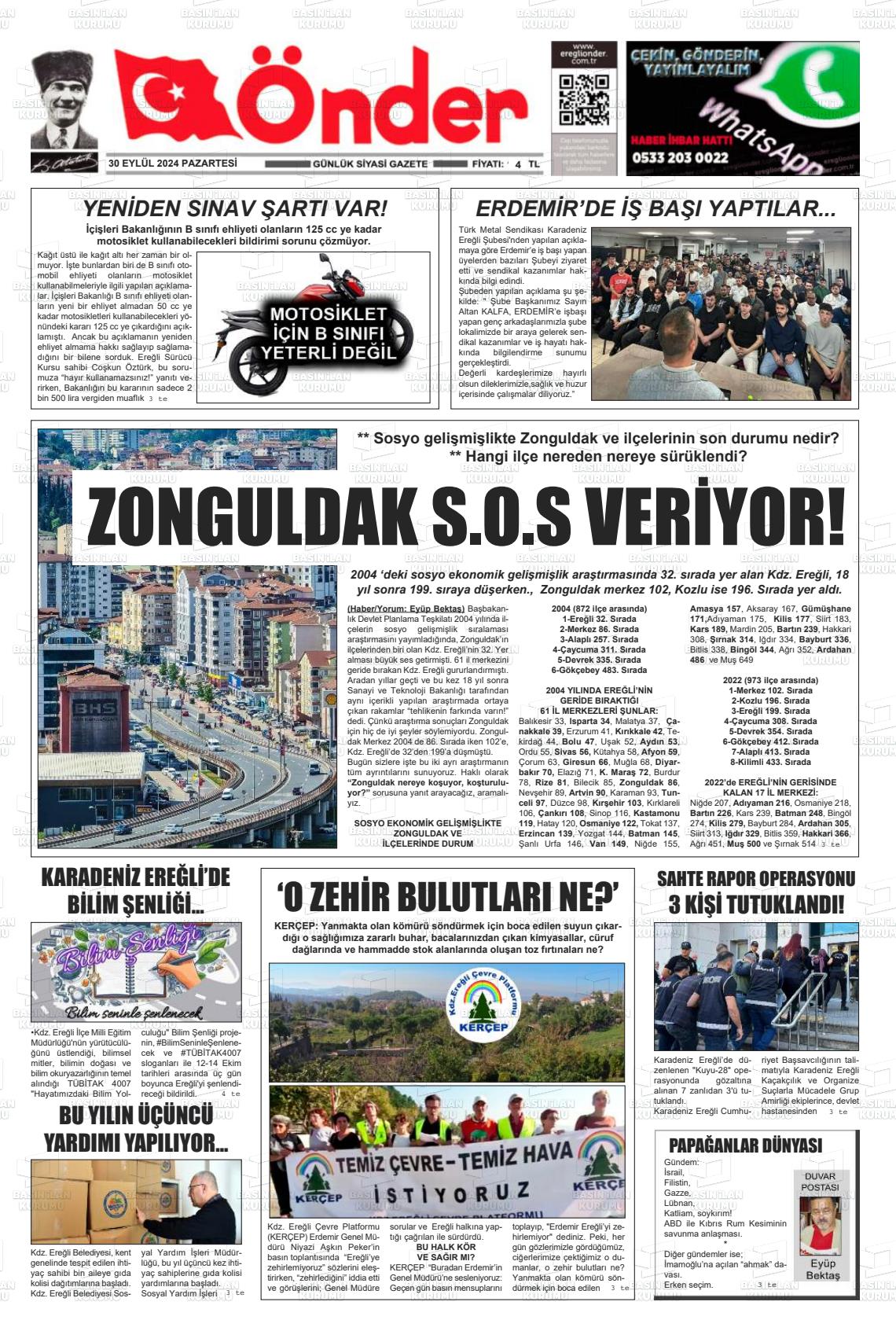 30 Eylül 2024 Zonguldak Önder Gazete Manşeti