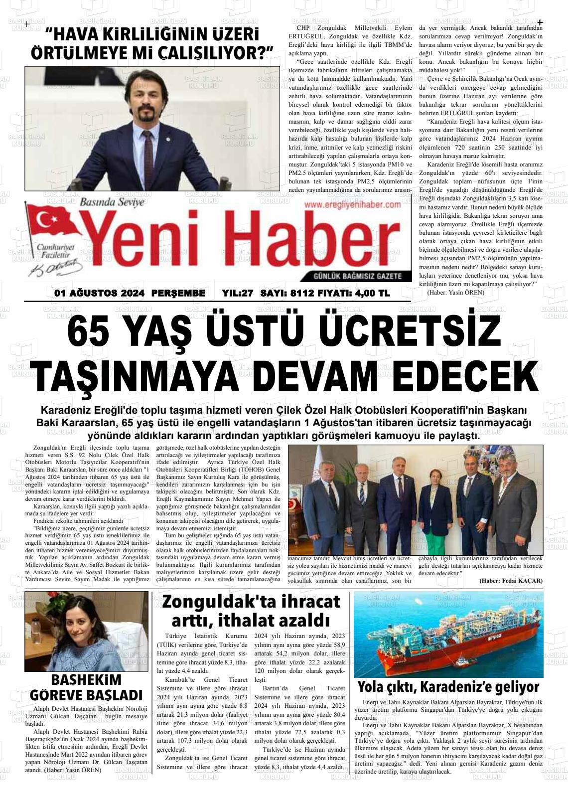 01 Ağustos 2024 Ereğli Yeni Haber Gazete Manşeti