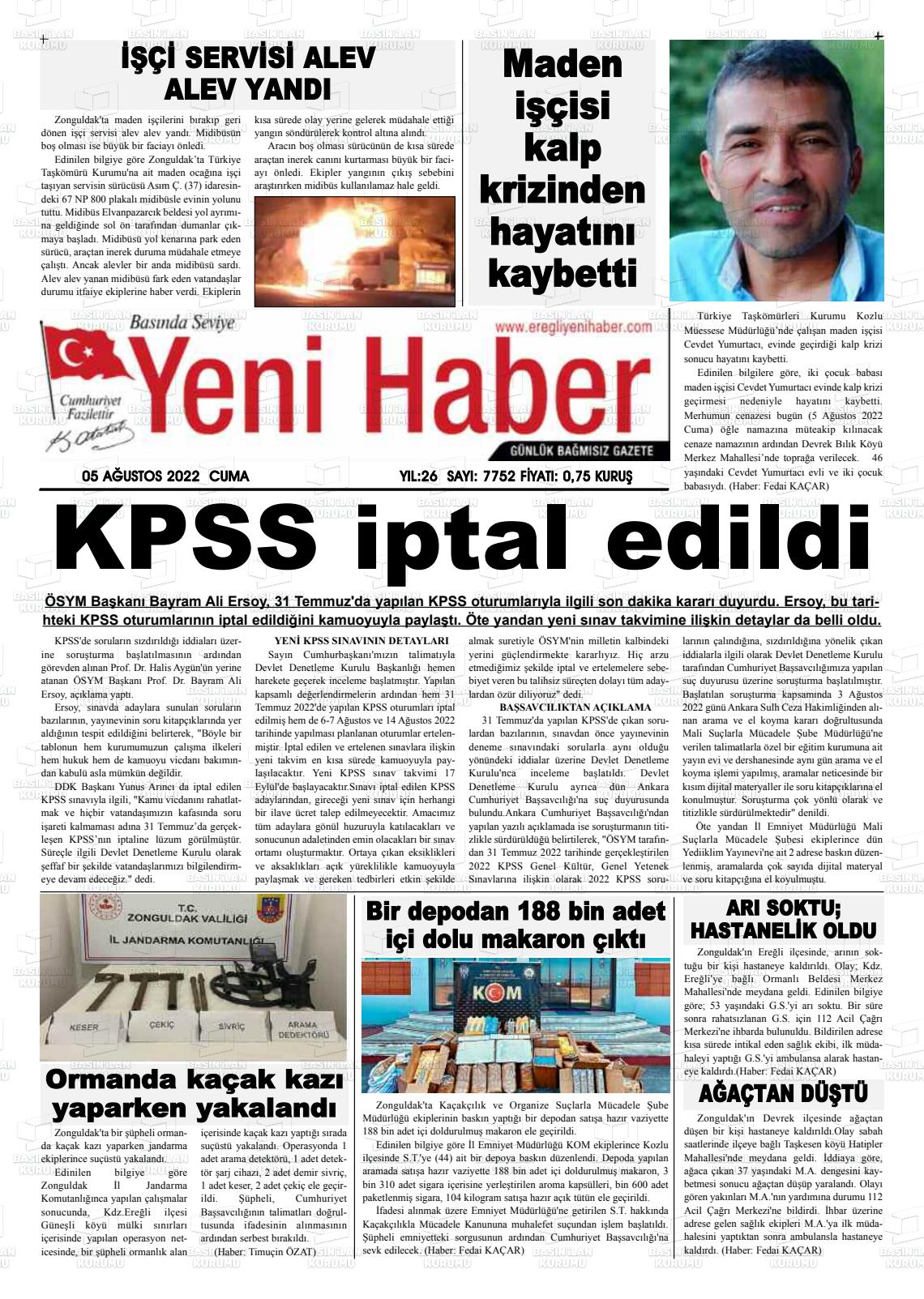 05 Ağustos 2022 Ereğli Yeni Haber Gazete Manşeti