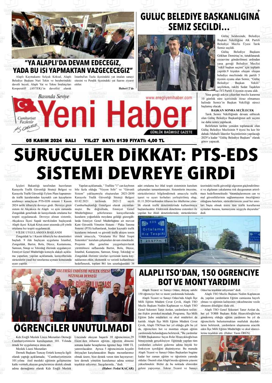 05 Kasım 2024 Ereğli Yeni Haber Gazete Manşeti