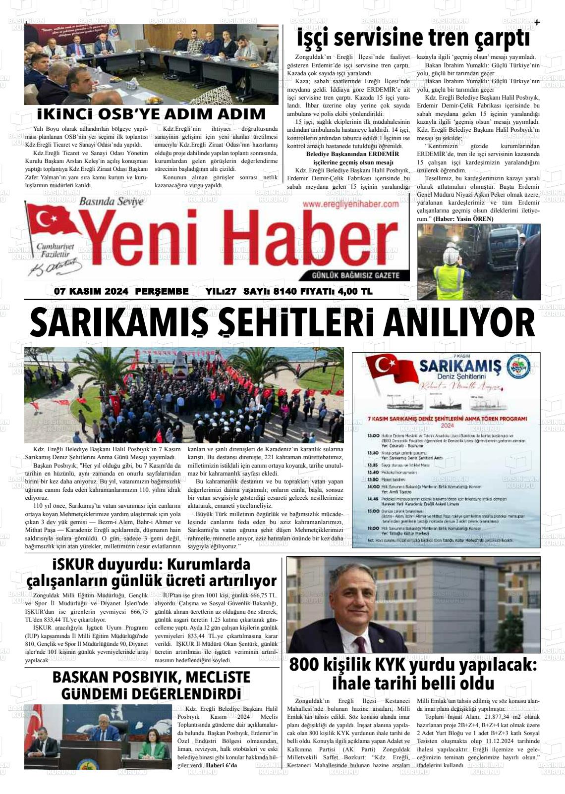 07 Kasım 2024 Ereğli Yeni Haber Gazete Manşeti