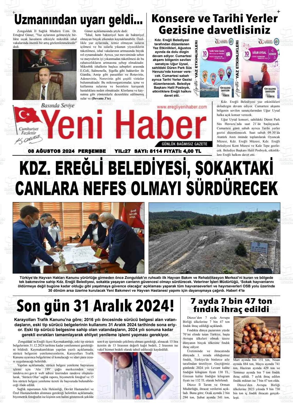 08 Ağustos 2024 Ereğli Yeni Haber Gazete Manşeti