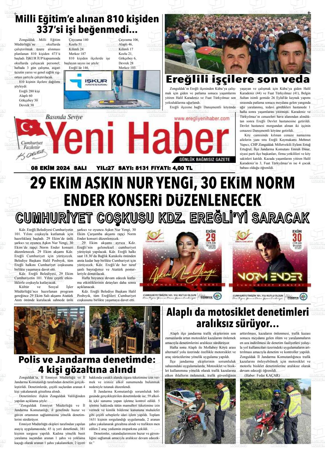 08 Ekim 2024 Ereğli Yeni Haber Gazete Manşeti