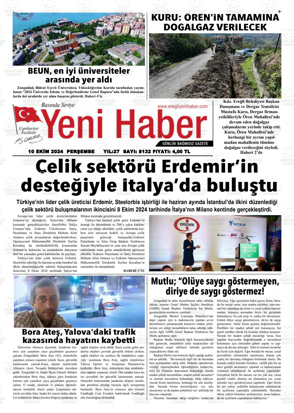 10 Ekim 2024 Ereğli Yeni Haber Gazete Manşeti