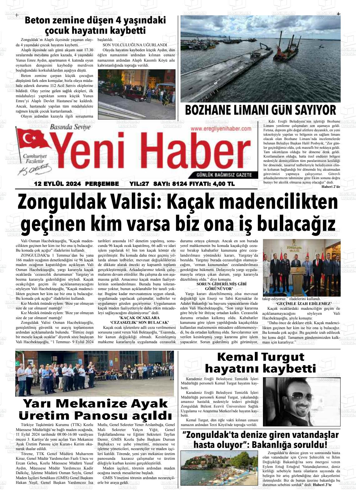 12 Eylül 2024 Ereğli Yeni Haber Gazete Manşeti