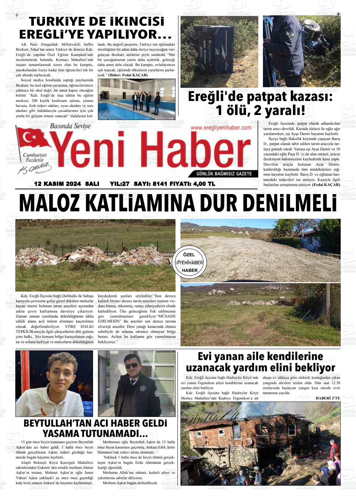 12 Kasım 2024 Ereğli Yeni Haber Gazete Manşeti