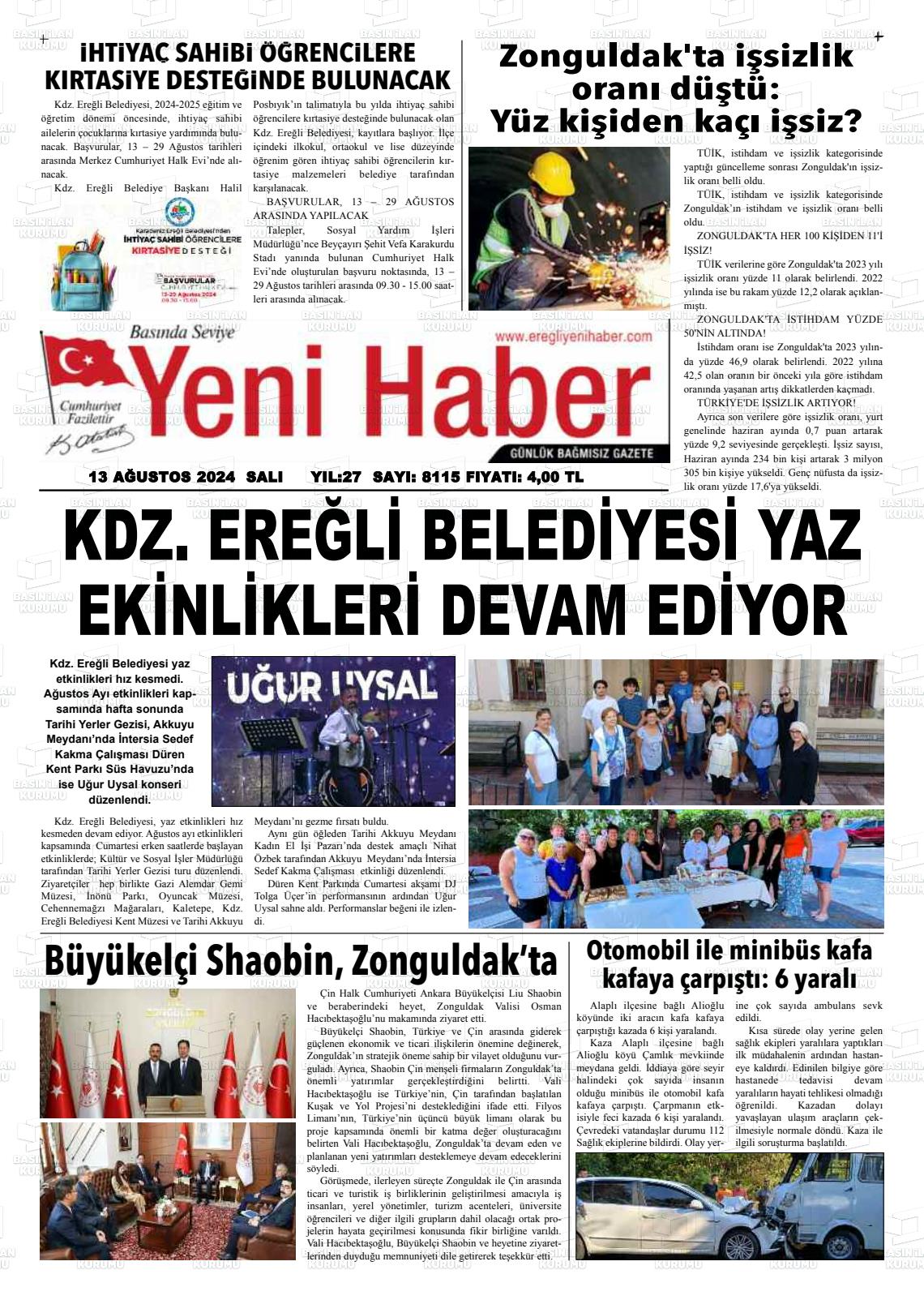 13 Ağustos 2024 Ereğli Yeni Haber Gazete Manşeti