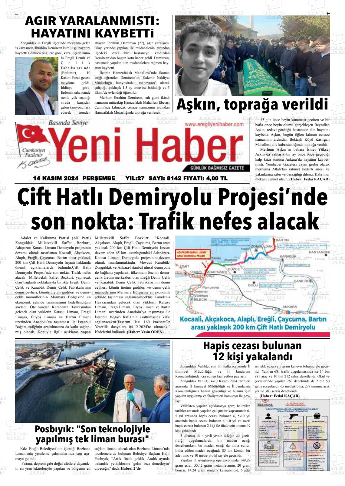 14 Kasım 2024 Ereğli Yeni Haber Gazete Manşeti