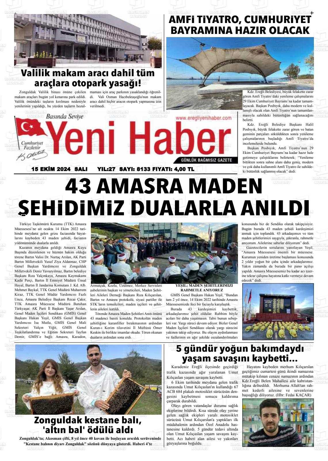 15 Ekim 2024 Ereğli Yeni Haber Gazete Manşeti