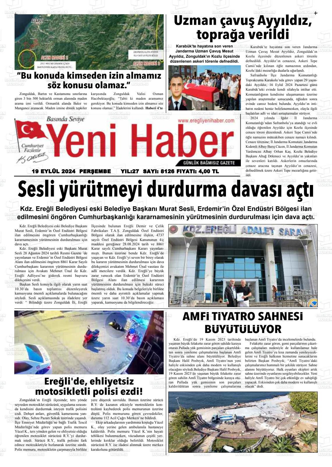 19 Eylül 2024 Ereğli Yeni Haber Gazete Manşeti