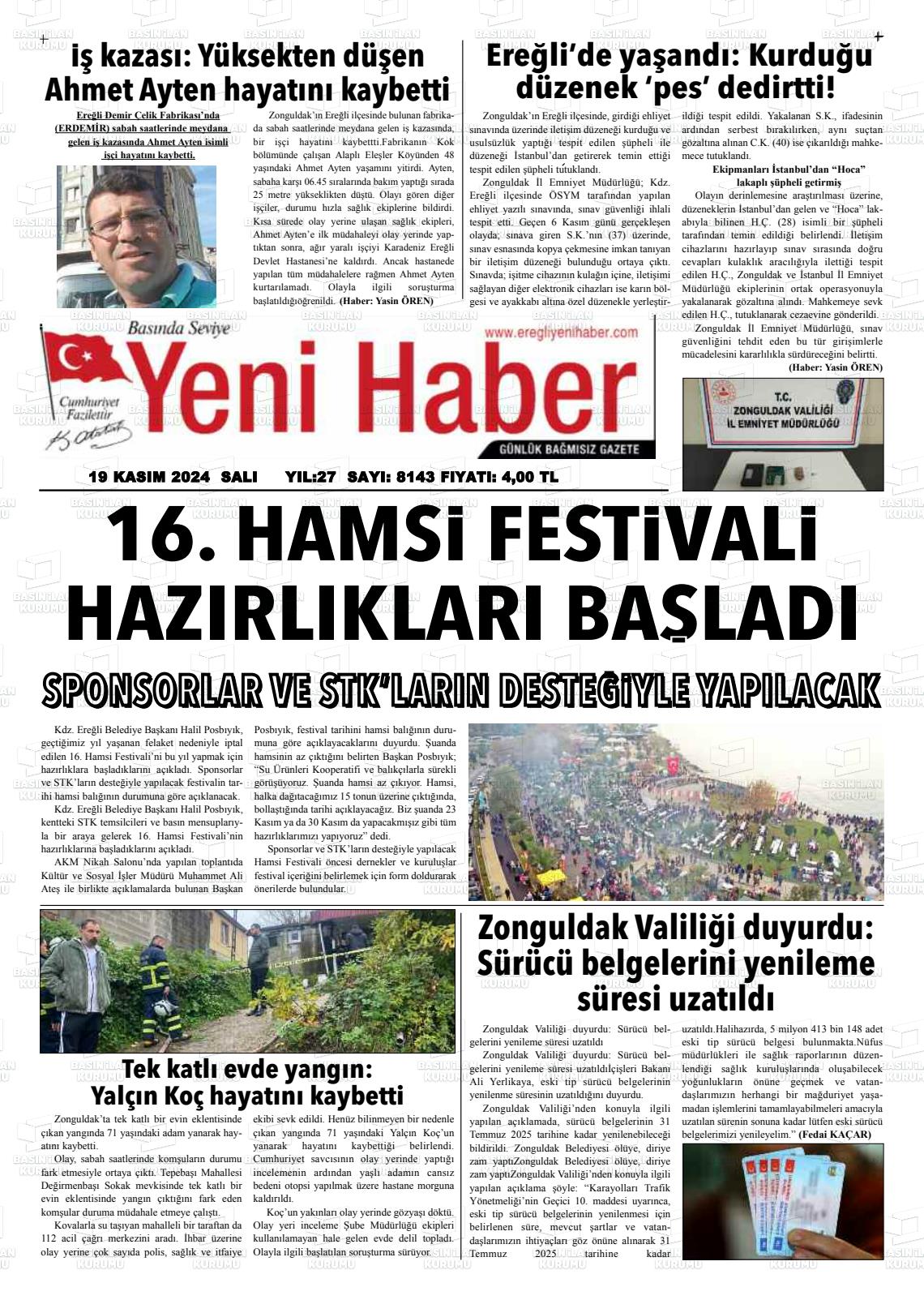 19 Kasım 2024 Ereğli Yeni Haber Gazete Manşeti