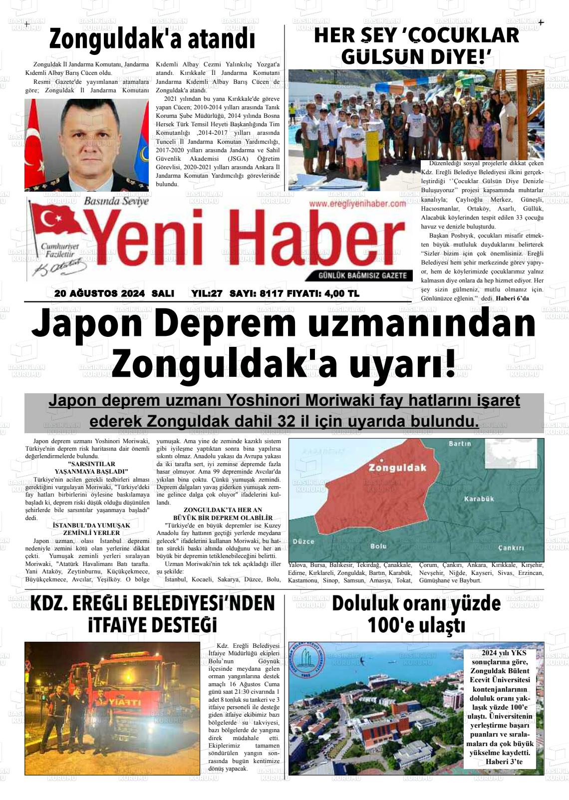 20 Ağustos 2024 Ereğli Yeni Haber Gazete Manşeti