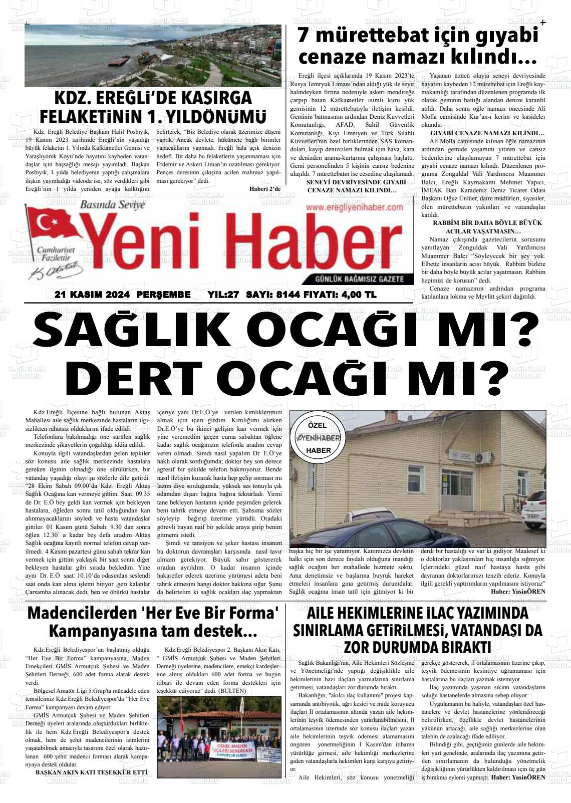 21 Kasım 2024 Ereğli Yeni Haber Gazete Manşeti