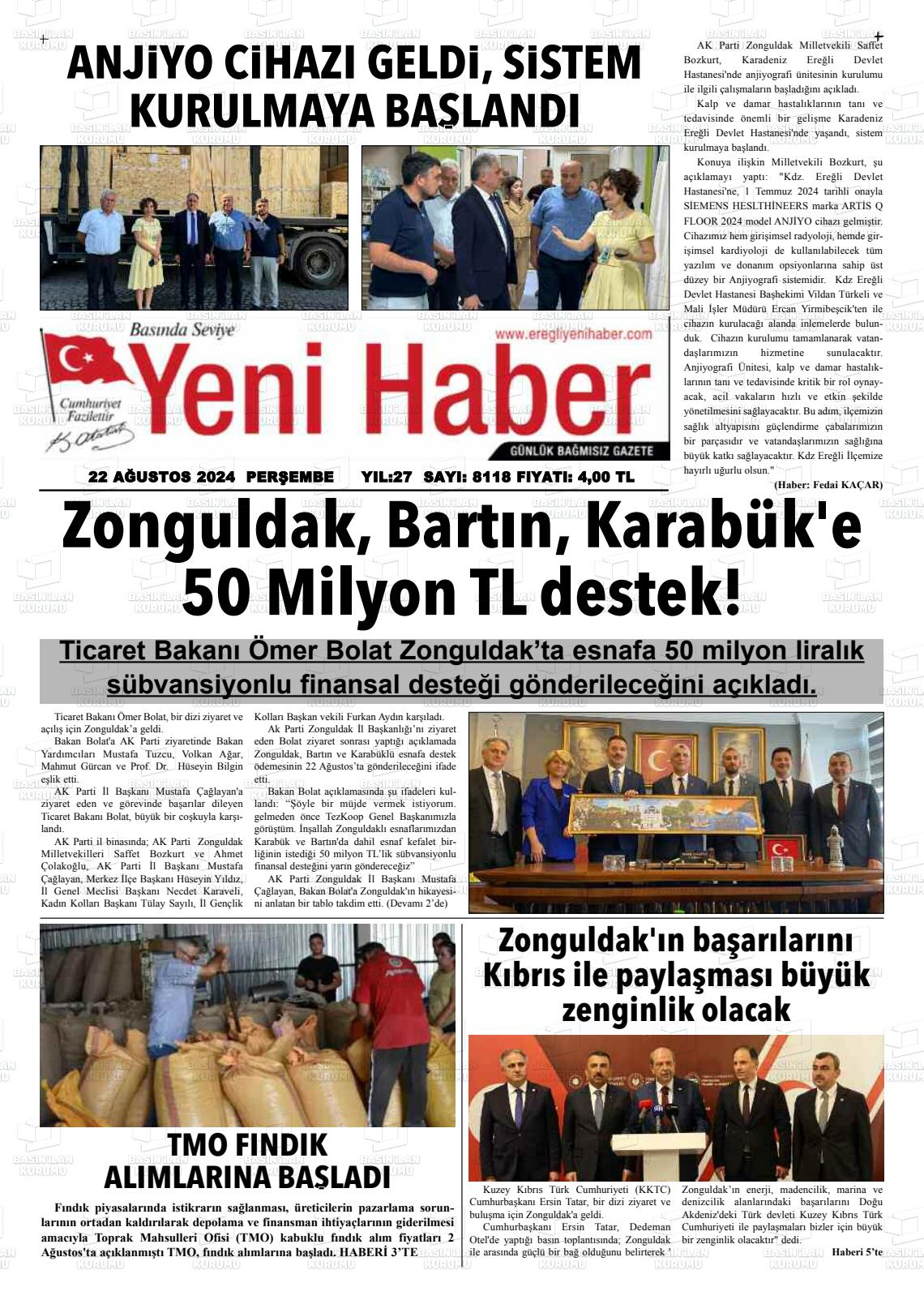 22 Ağustos 2024 Ereğli Yeni Haber Gazete Manşeti